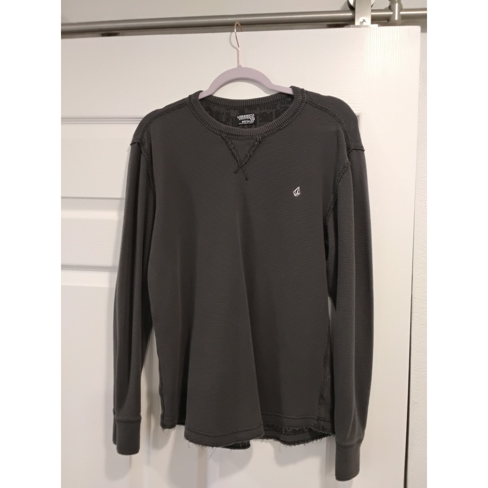Volcom Long Sleeve Thermal Shirt Men Charcoal Gray Waffle Knit Distressed Hem-M